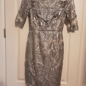 Tahari Elegant Silver Lace Dress (Worn Once)